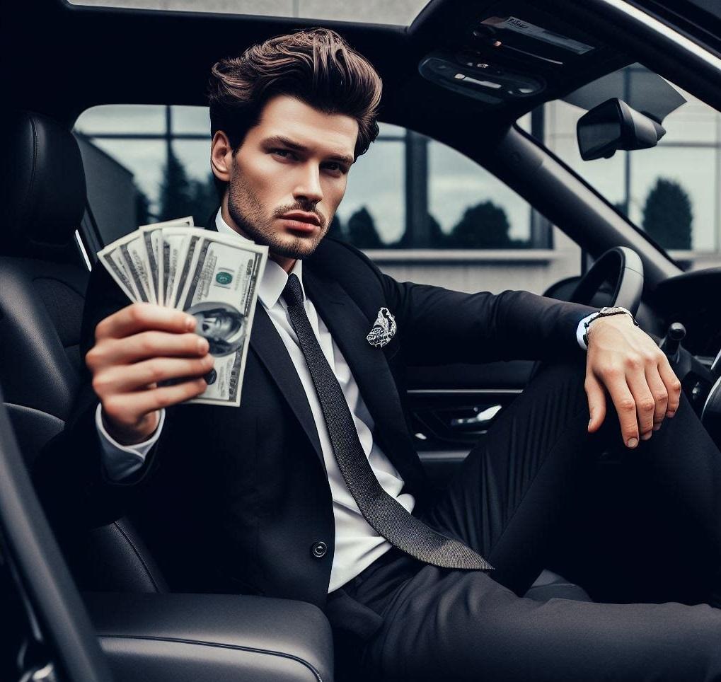 driver in car with dollars in hand